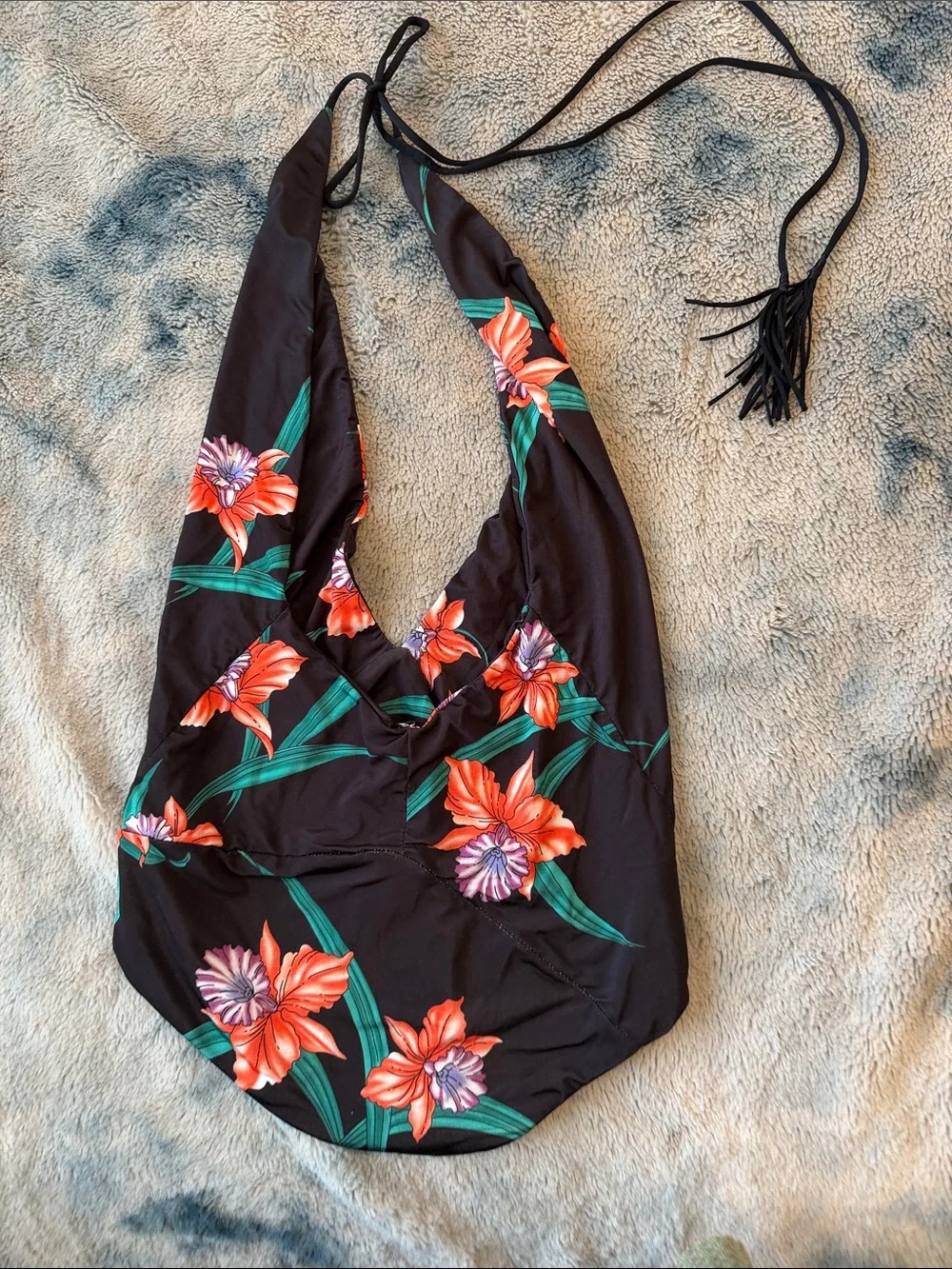 Indah Black One-Piece Swimsuit with Red Floral Print